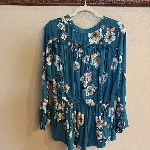 Free People Teal Floral Tuscan Dreams tunic mini dress / tunic top long sleeve M - Picture 8 of 16
